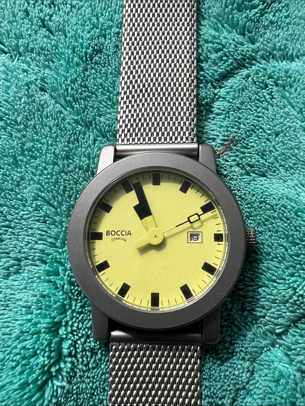 Titanium Boccia Yellow Dial Watch with Silver Mesh Bracelet